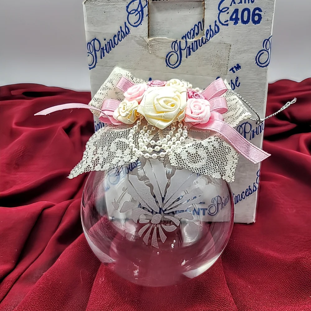 Princess House 406 Crystal Ornament Etched Poinsettia Handmade USA w Box 90s Vtg